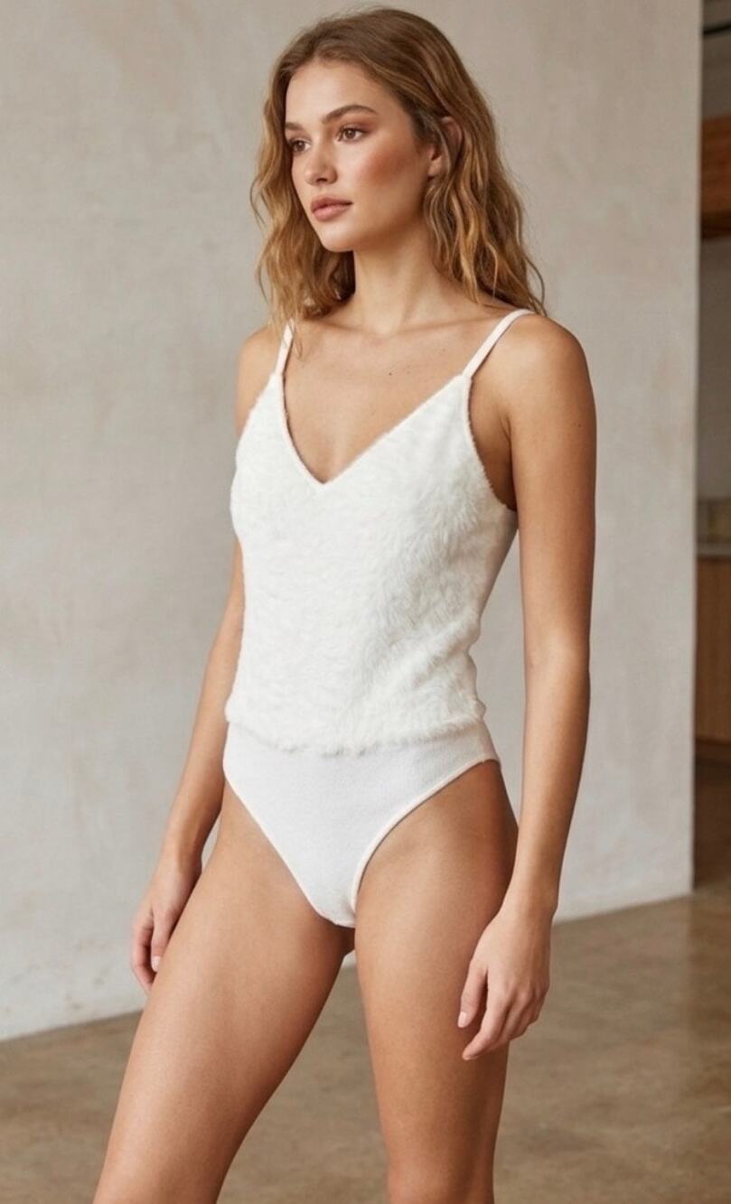 Free People Fuzzy Teddy Bodysuit Medium Cloud Dancer White One Piece Balletcore